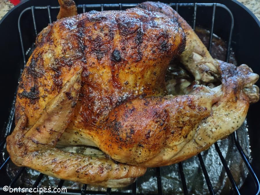 close-up of brined roasted whole turkey on v-rack
