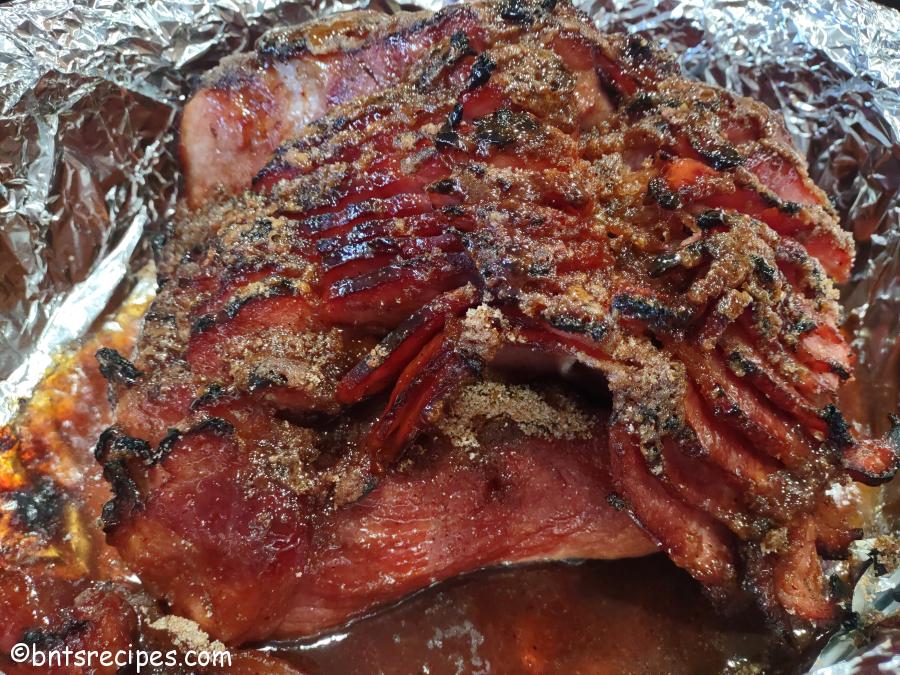 close-up of brown-sugar crusted ham