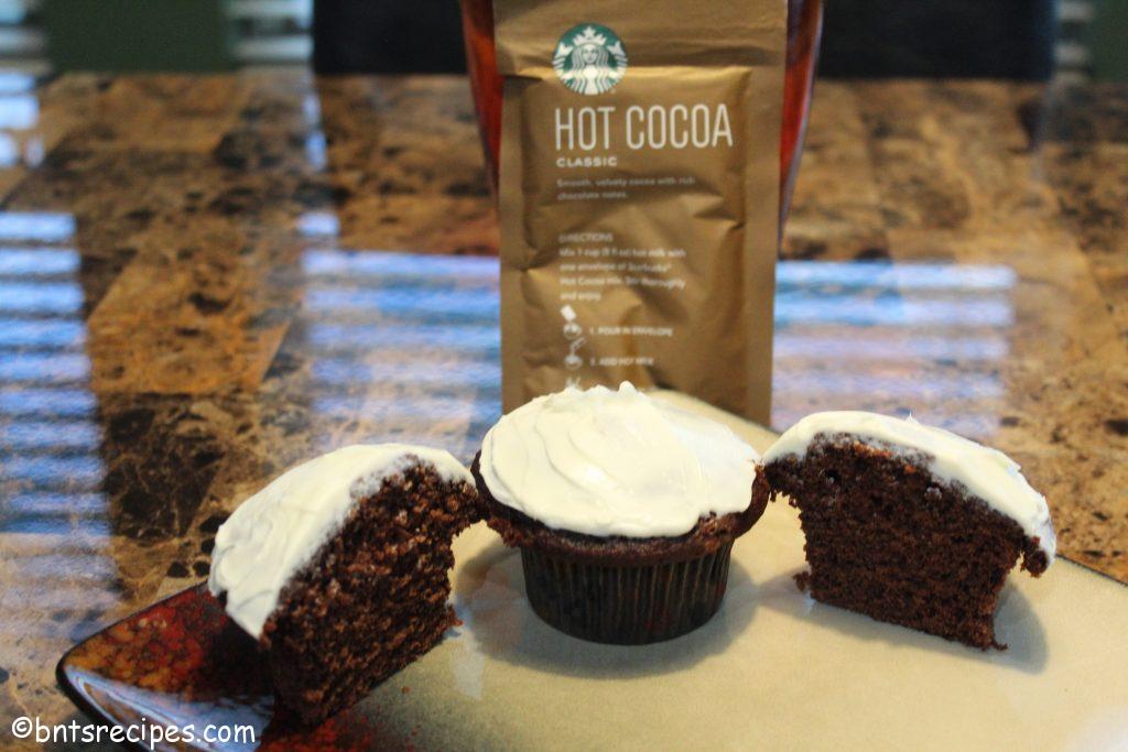 hot cocoa cupcakes cut in half inspired by the Starbucks hot cocoa pack