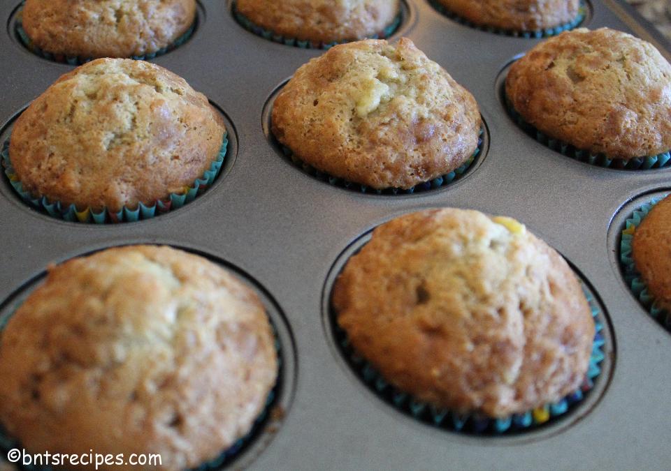 close-up of full-sized banana nut muffins on wire rack