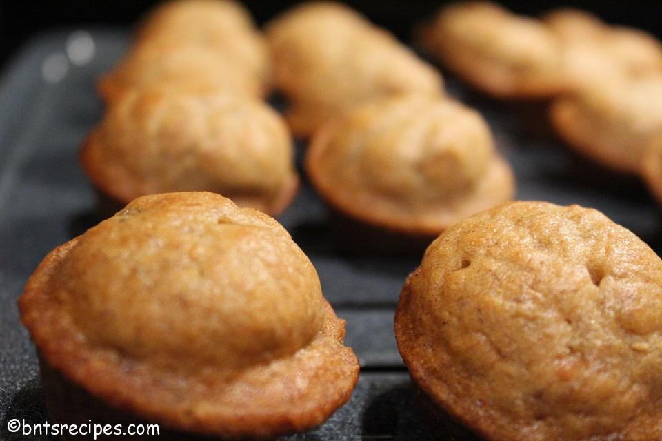 close-up of mini banana nut muffins