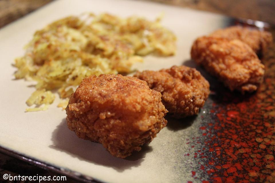 crunchy pan-fried cod nuggets and hash browns