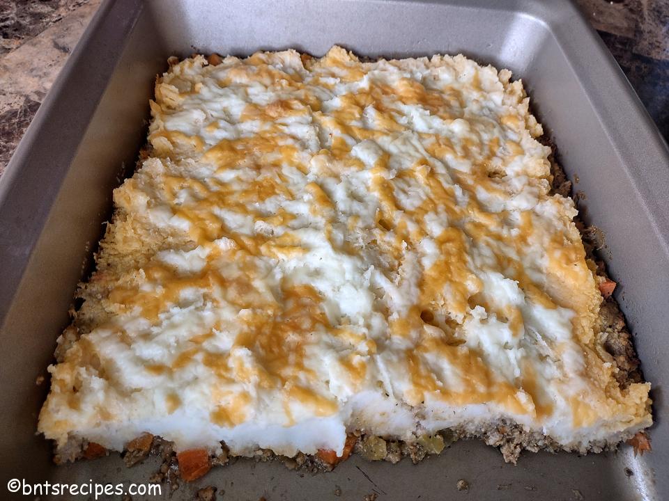 close-up of ground turkey shepherd's pie in baking dish