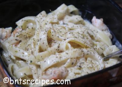 close-up of creamy shrimp fettucine alfredo