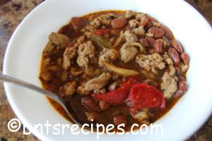 close-up of one-pan tomato-fee turkey chili