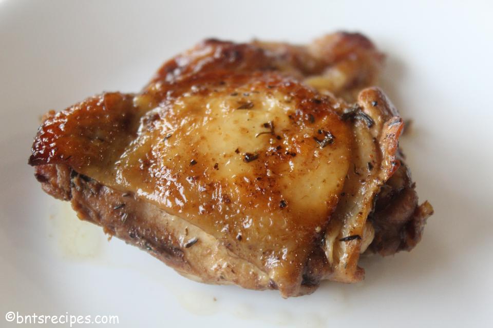 close-up of seared and slow-cooked chicken thigh