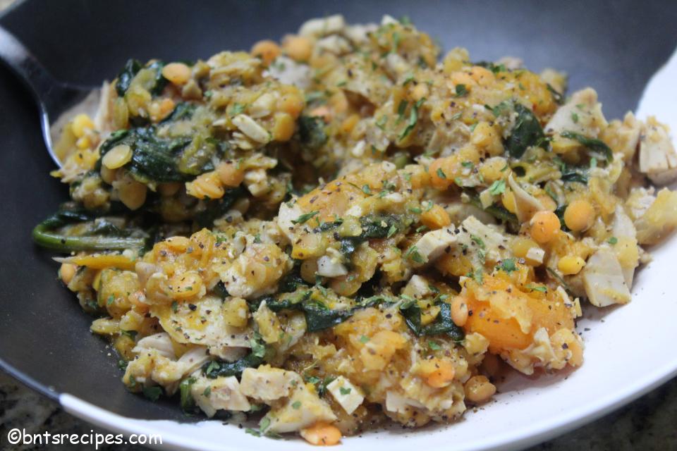 Lentil, Butternut Squash, Spinach Stoup with Leftover Turkey