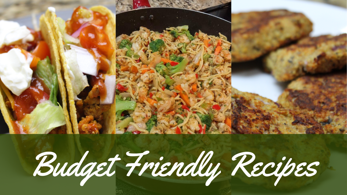 budget friendly recipes including tacos, shrimp stir fry, and salmon patties